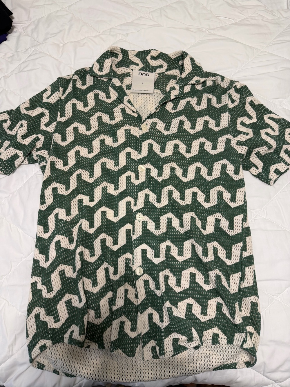 OAS Green and White Geometric Short Sleeve Shirt